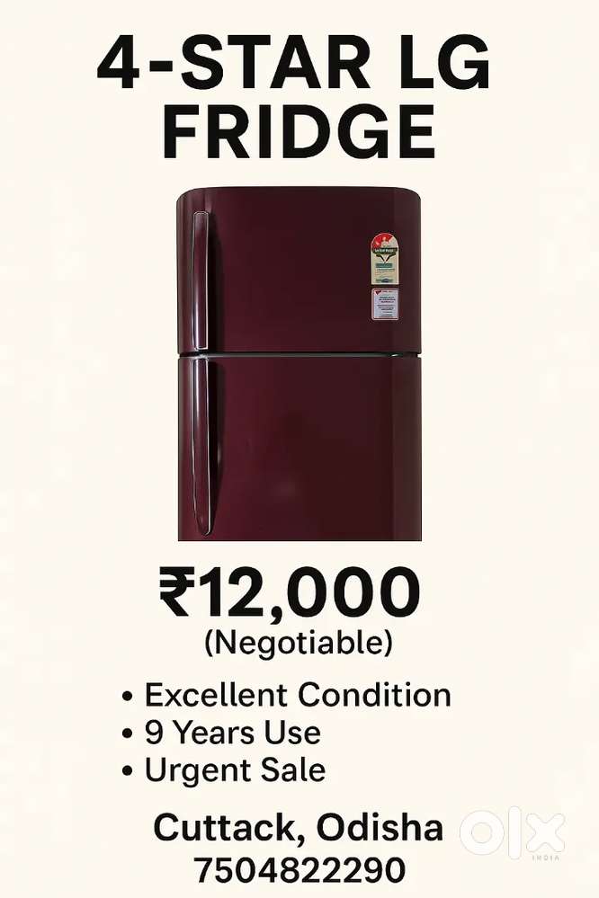 4-Star LG Double Door Refrigerator (258L), price negotiable