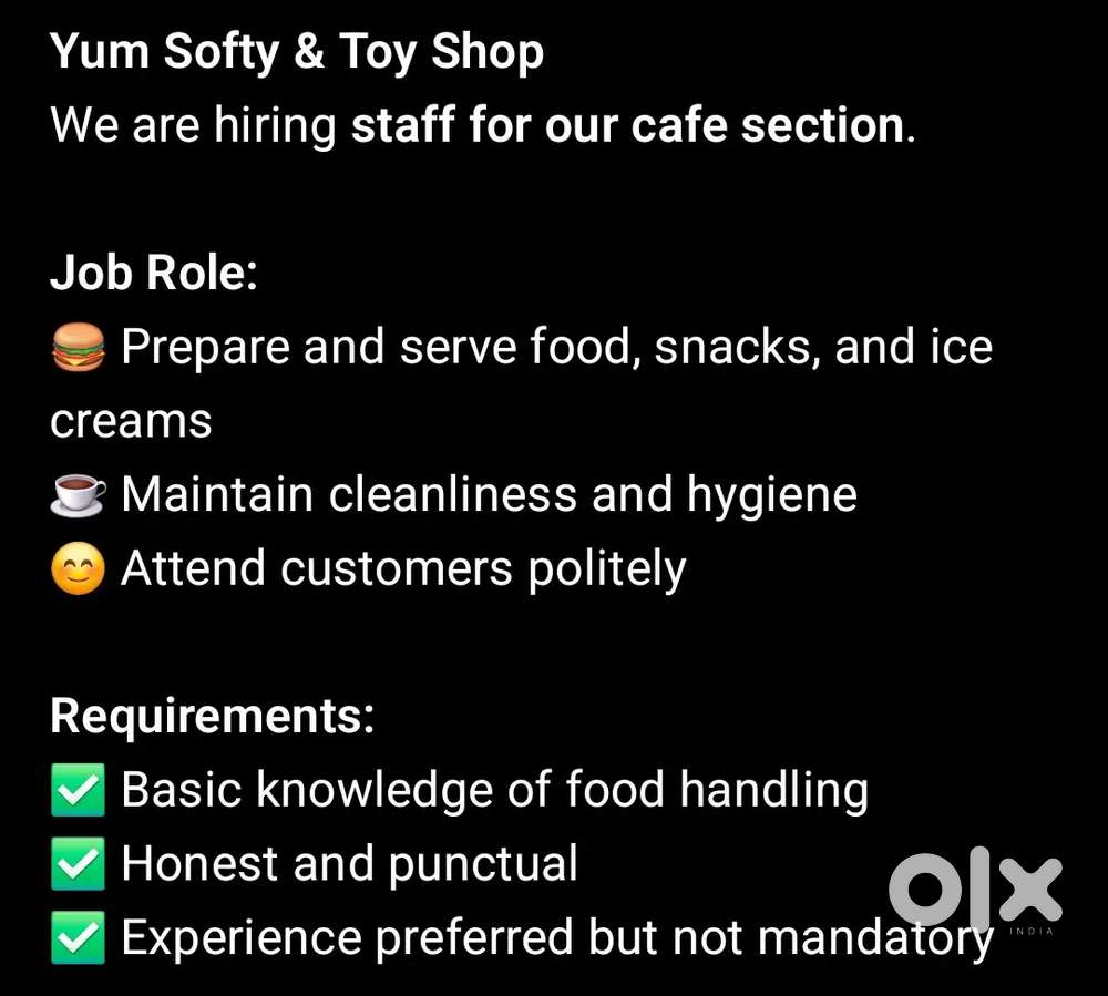 Staff required for Cafe (Satnarayan Park, Bara Bazaar)