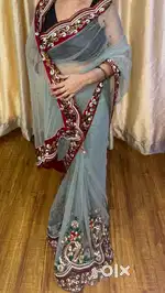 Grey net work saree + brasso net saree + black geogette saree