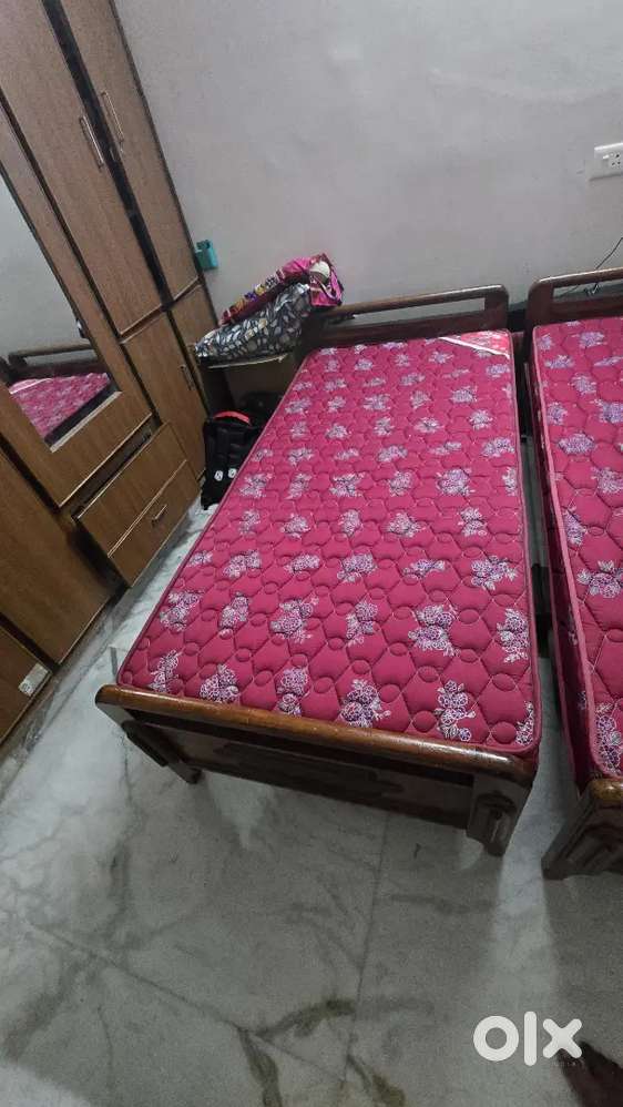 Teak Wood Single Cot Bed With Mattress