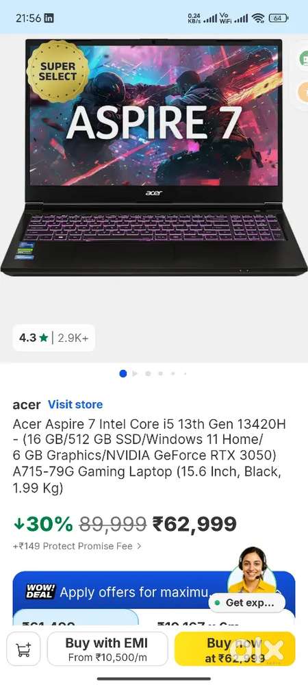 Acer aspire 7 -  i5 13th generation 6gb graphic Nvidia RTX 3050