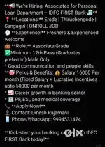 IDFC FIRST BANK ONROLL JOB