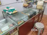 Shop furniture 2 counter sliding door 3 iron racks and glass shelfs