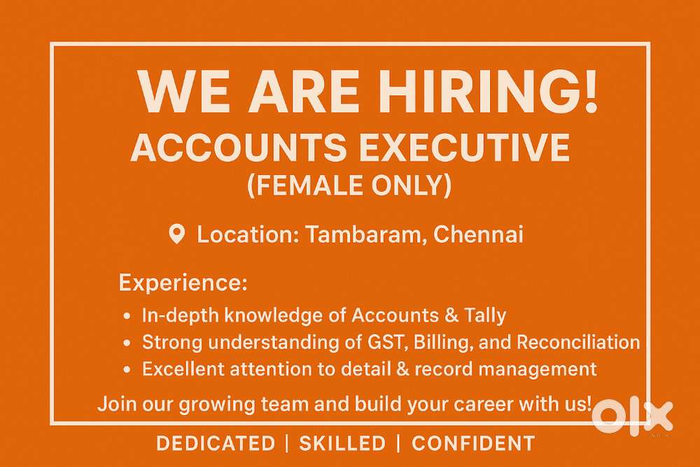 Accounts Executive (Female) – Immediate Opening  Min 3 Years Exp