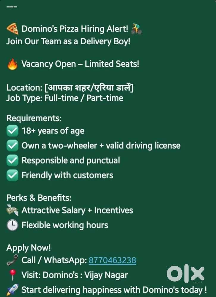 Dominos pizza delivery boy hiring