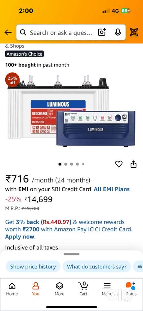 Luminous inverter 600va/12v .120ah battery