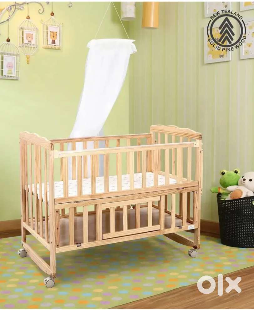 Baby Cot - Babyhug wooden cot + mosquito net + mattress + cot bumper