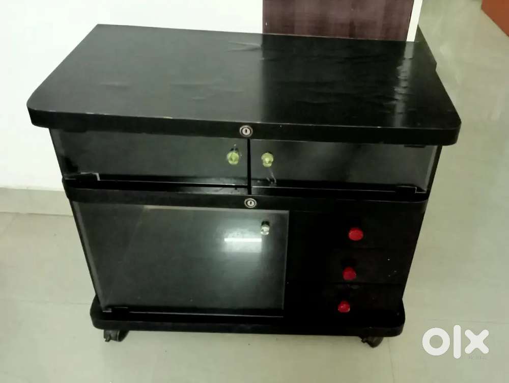 Black Wooden Table with Drawers & Glass Cabinet (Good Condition)