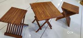 Teakwood folding picnic table with 2 stools