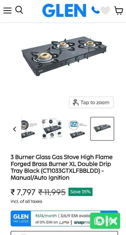 Glen 3 burner glass gas stove (*NEW PACK PIC*)