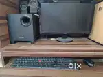 Desktop with printer, speaker and trolley