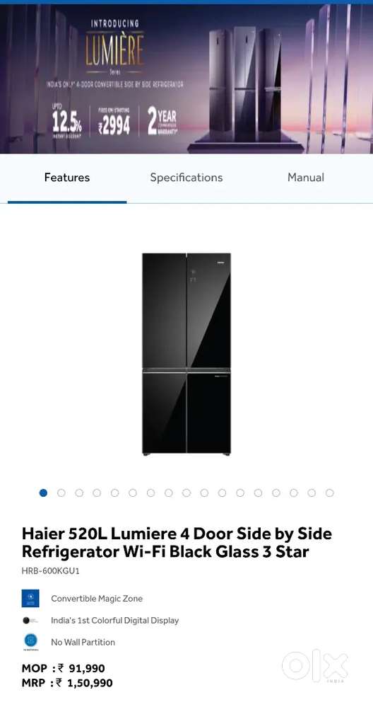 Haier 520L Lumiere 4 Door Side by Side Refrigerator Wi-Fi Black Glass