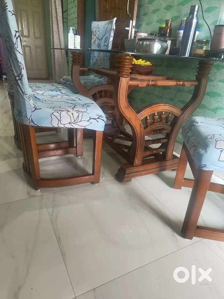 Glass top dining, teak wood