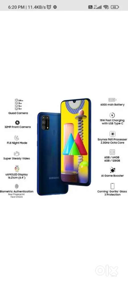 Samsung M31 6/128gb 64mp sony camera
