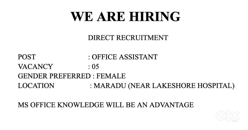 OFFICE ASSISTANT JOB IN MARADU