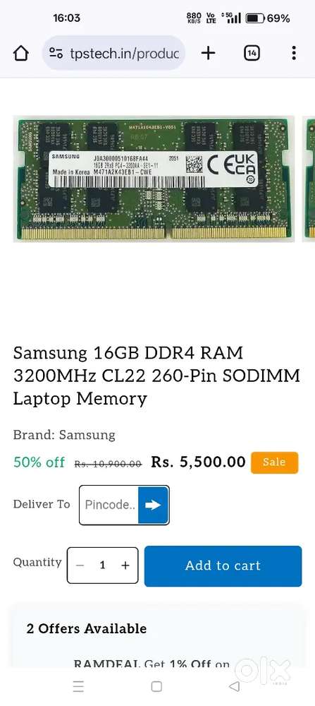 New Samsung DDR4 Laptop Ram dual ChannelSelling due to wrong product