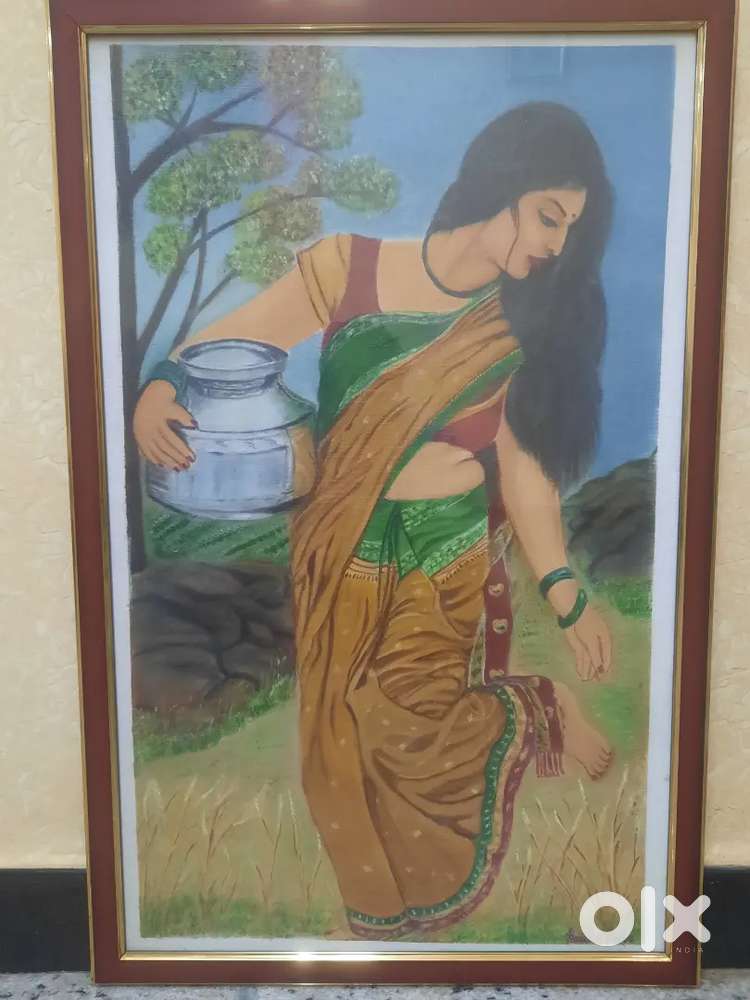 Framed Indian Village Lady Painting – 50x77 cm