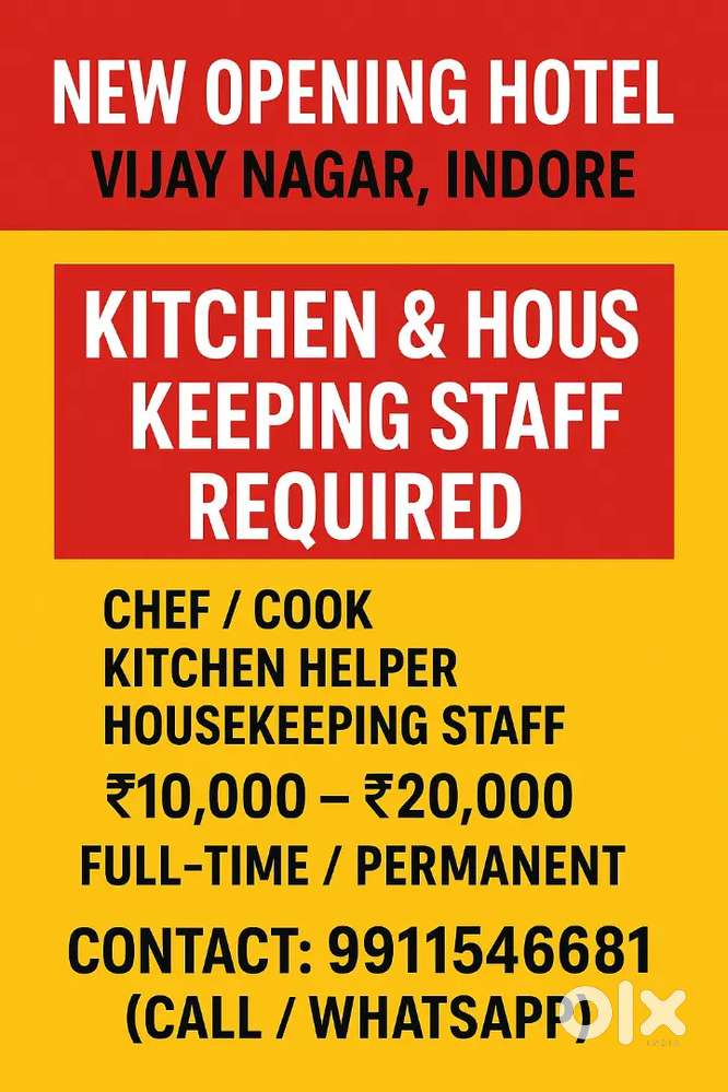 Hotel Kitchen & Housekeeping Staff Required  Vijay Nagar, Indore