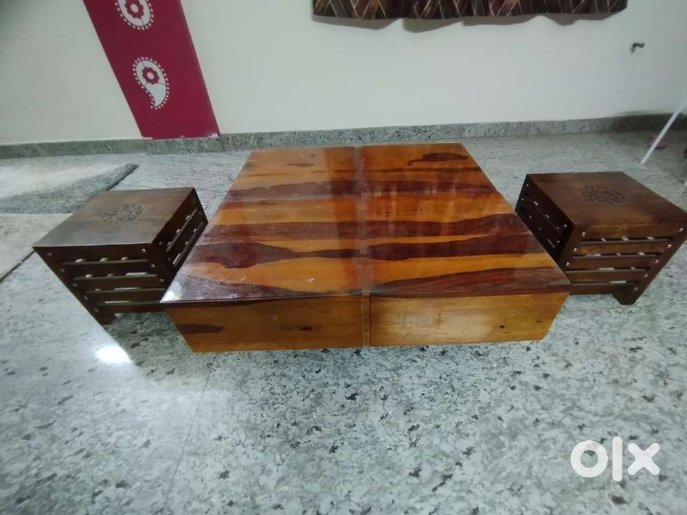 Wooden coffee table and two wooden stools