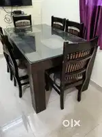 6-Seater Wooden Dining Table with Glass Top - Good Condition