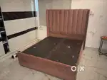 Velvet‑Pink Queen Bed with Tall Upholstered Headboard & Box Storag
