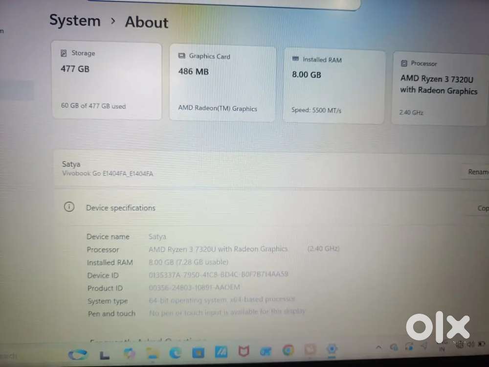 Asus Vivobook Ryzen 3 7000 series 8 gb ram 512 gb SSD 2 months old