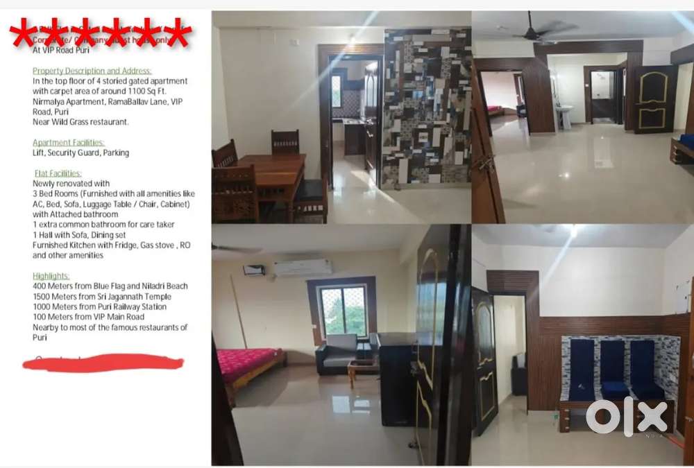 3 bhk ,4 baths , hall, kitchen Fully hotel style furnished, east face