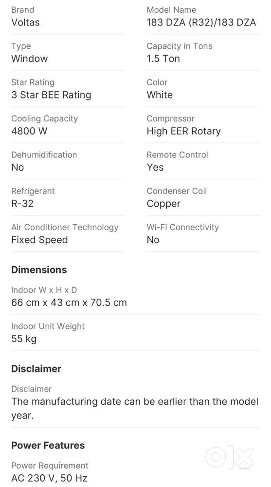 Voltas Window AC 1.5 Ton 3 Star