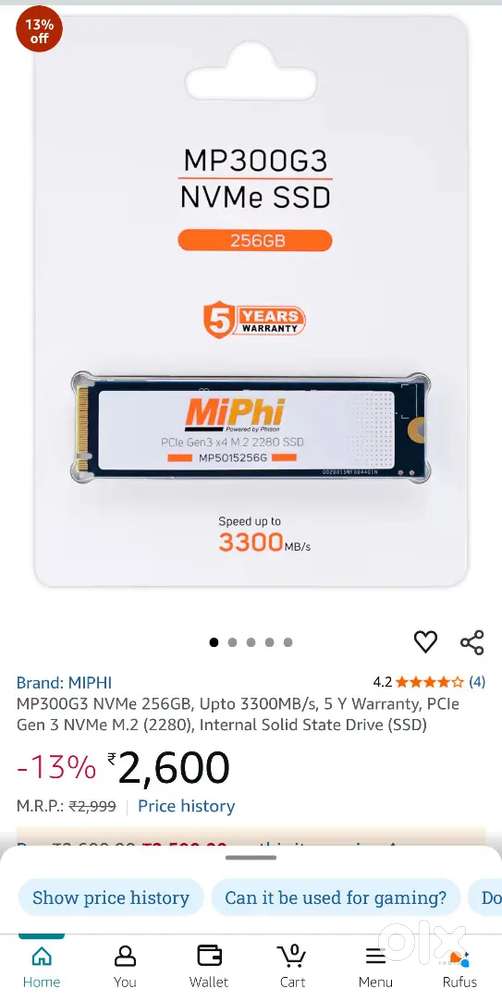 MiPhi 256 gb nvme 3100 mbps m.2 ssd gen 3