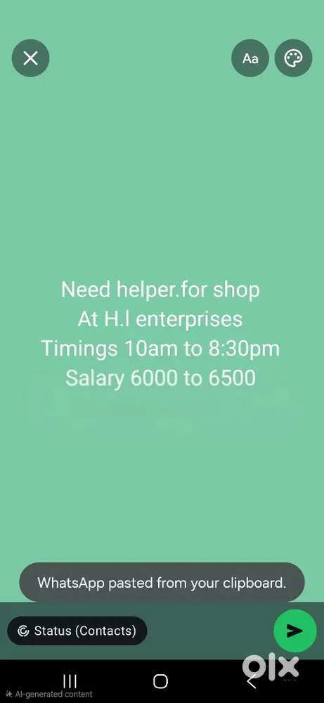 Need helper for shop from 10:00am to 8:30pm