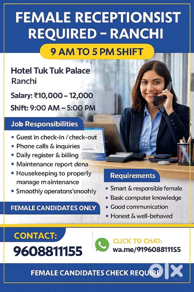 Female Receptionist Required – Hotel Tuk Tuk Palace, Ranchi