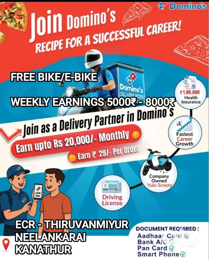 DOMINOS ECR-VETTUVANKENI FREE BIKE PIZZA DELIVERY EARN 8000₹+INCENTIVE
