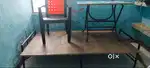 Three items - chair, folding table, plywood folding bed