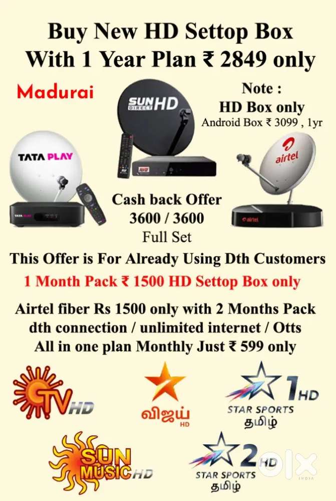SUNDIRECT ! AIRTEL DTH ! TÀTA PLÀY ! DISHTV ! 1 YEAR OFFER ! LED TV !
