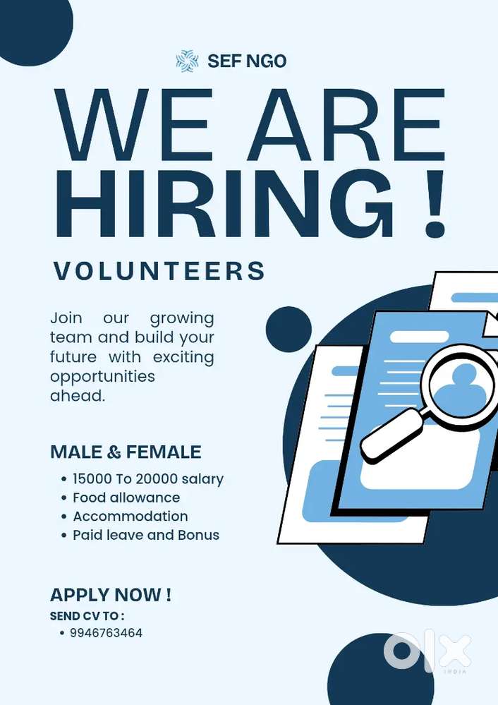 സോഷ്യൽ വർക്ക്‌, ചാരിറ്റി പ്രവർത്തനങ്ങൾക്ക്  വോളന്റീർസിനെ തേടുന്നു