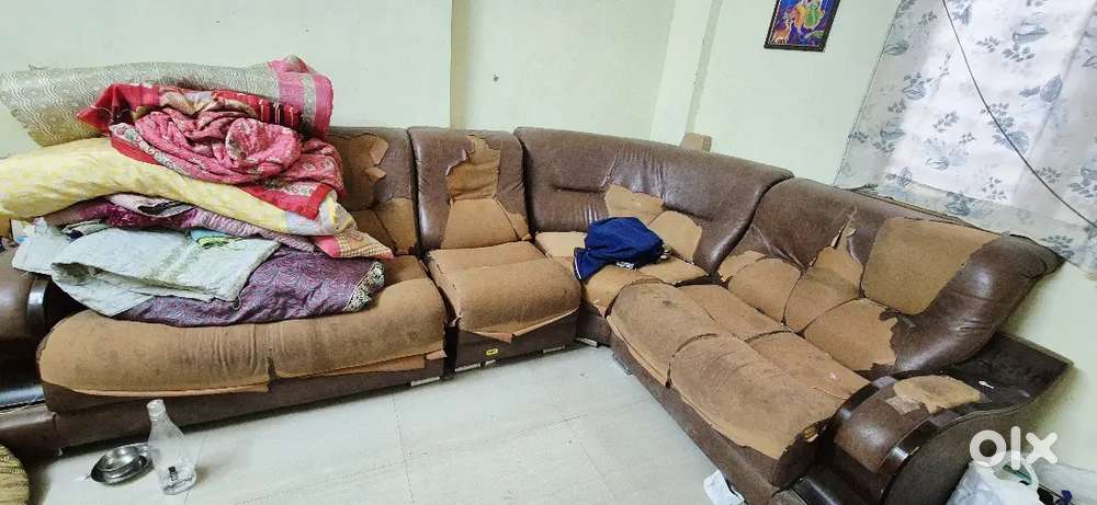 Used L-Shaped Sofa for Sale – Needs Repair but Strong Frame