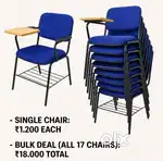 Blue Cushioned Writing Pad Chairs Strong Steel Frame Bulk & Single