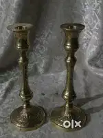 Antique pure brass solid heavy  embossed candle stands pair