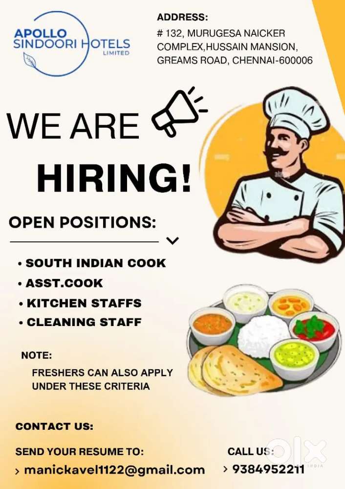 Wanted CDP chef,southindian cook, asst cook, kst, waiter