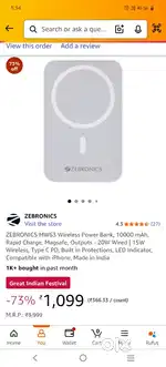 ZEBRONICS POWER BANK 10000mah wireless charging