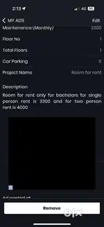 Room for rent only for bachelors