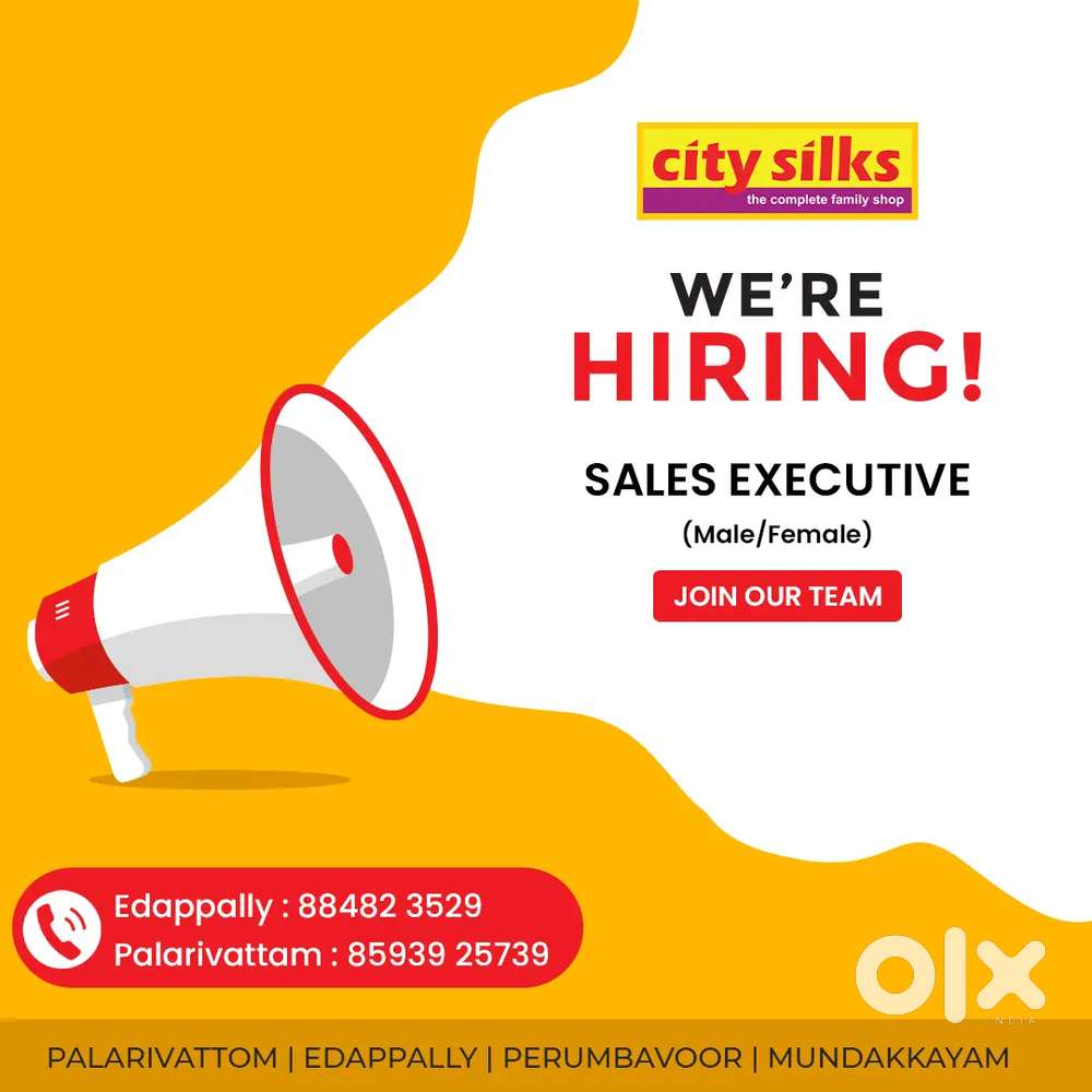 Sale's staff - Male and Female.  15 k starting sal. Plus food and acc.