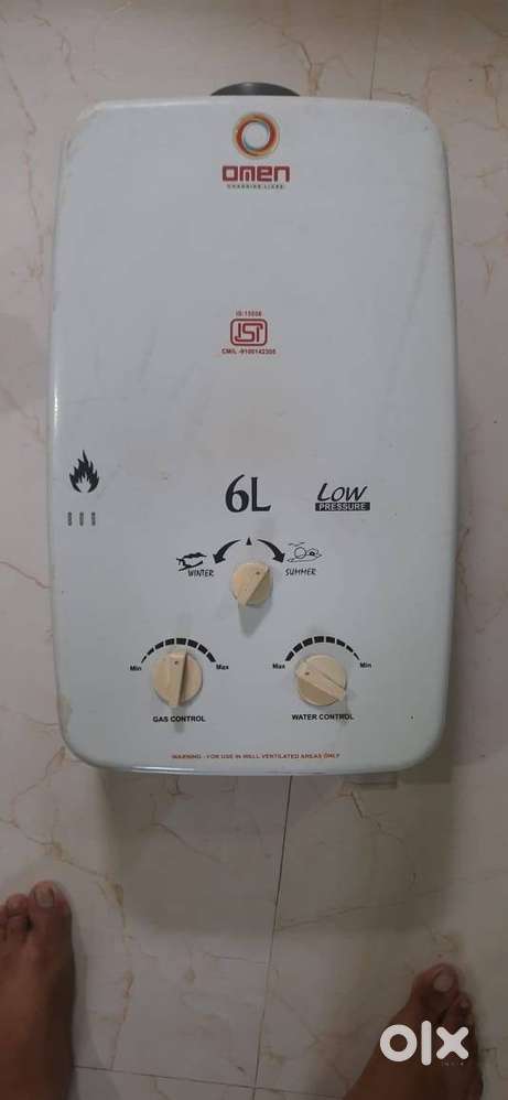 Omen Gas Geyser 6 Ltr with Gas pipe, regulator, inlet outlet
