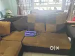 L shaped sofa with pillows and puffies, Excellent condition