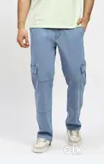 Ifazone Men Light Blue Cotton Lycra Cargo Jeans