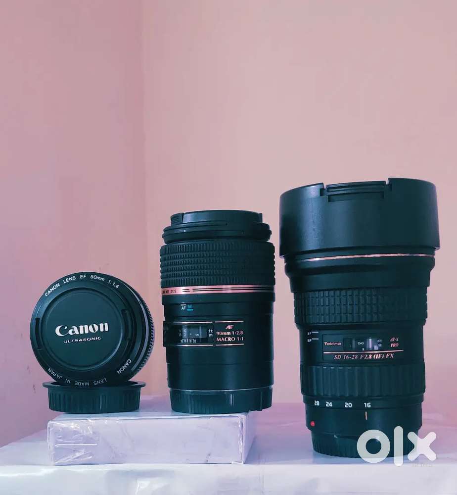 CANON 50mm f1.4 TAMRON 90mm f2.8 MACRO, TOKINA 16-28mm f2.8, 14mm f3.1