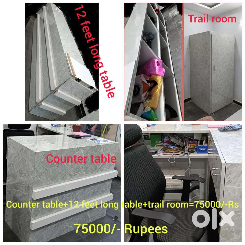 Counter table+12 feet table+trail room+20 glass racks
