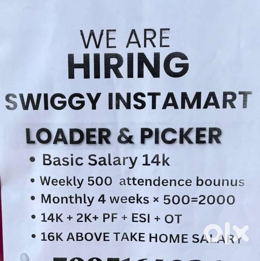 Pickers and loaders needed urgently in Swiggy instamart