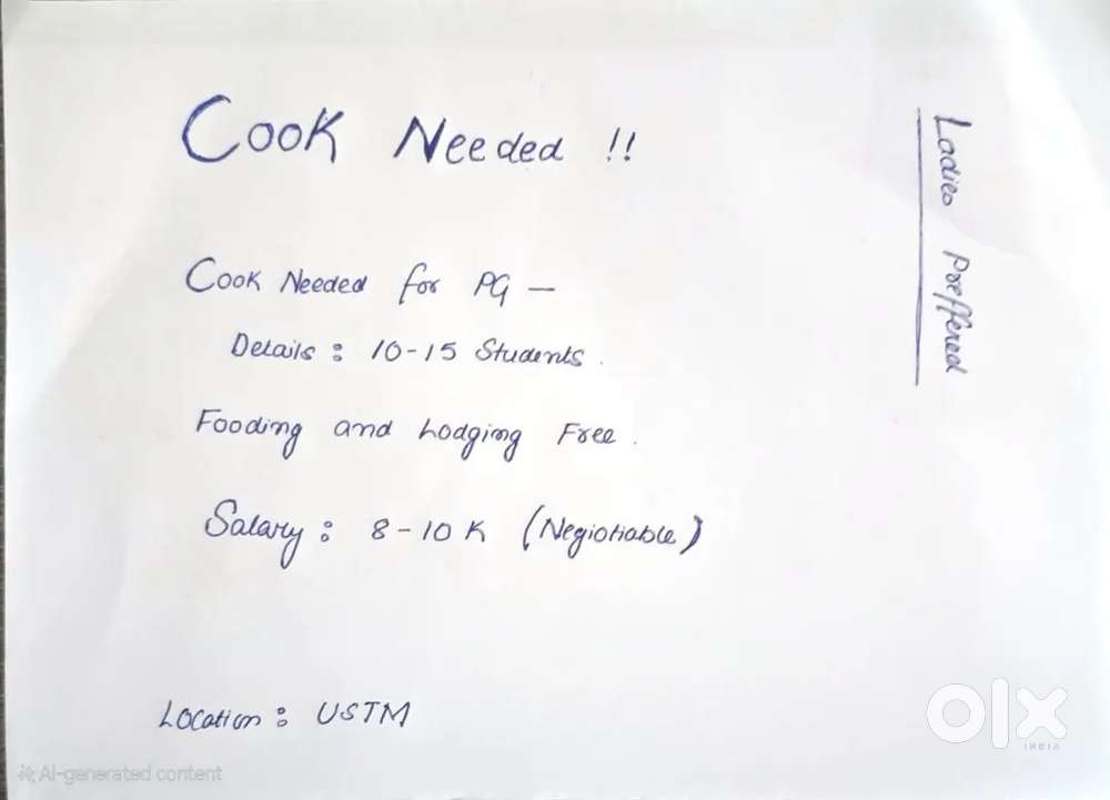 We are looking for an experienced and reliable cook for our PG.