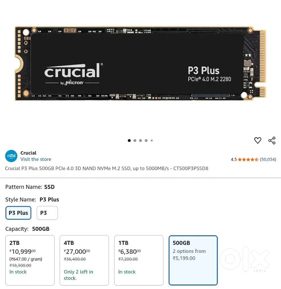 Crucial P3 Plus 500GB NVMe M.2 SSD,up to 5000MB/s with 4year warranty